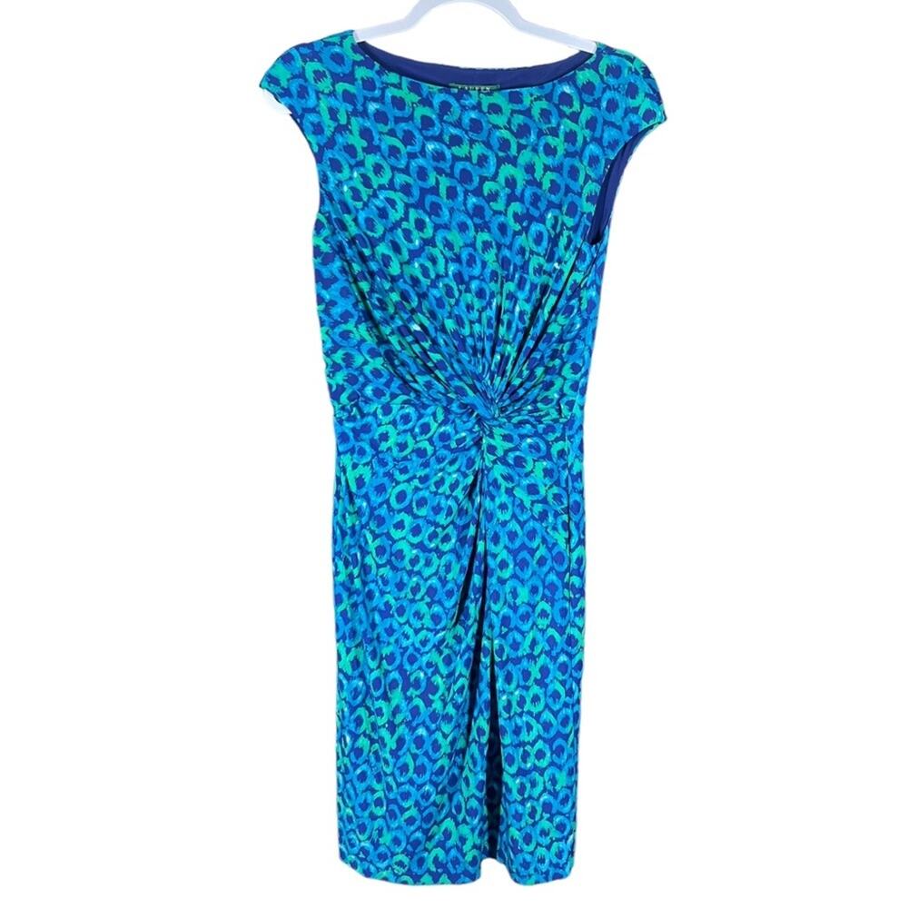 Lauren Ralph Lauren Twist Front Jersey Slinky Sheath Dress Blue Green Circle NWT
